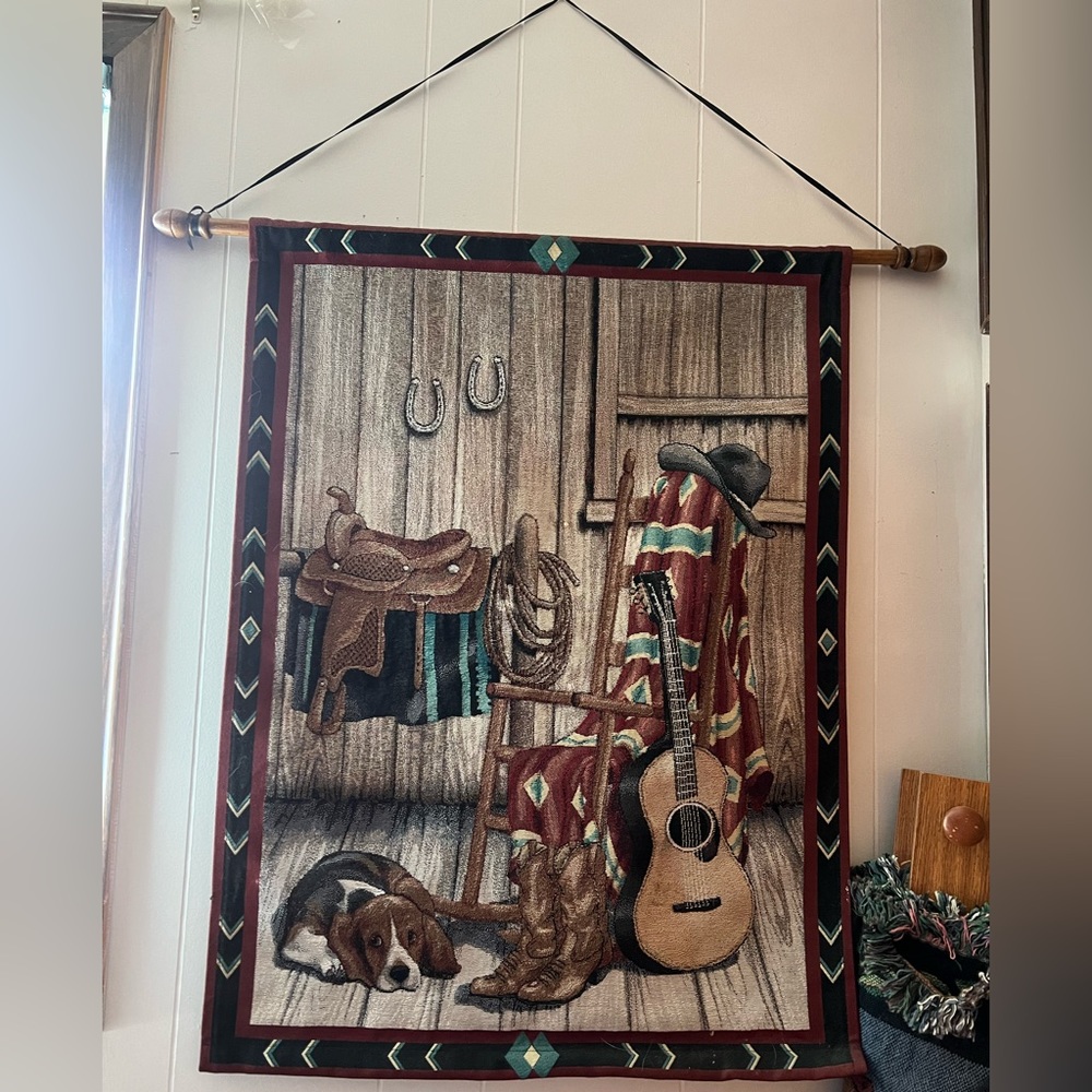 Large Tapestry Wall Hanging : Chair Dog Guitar Cowboy EUC